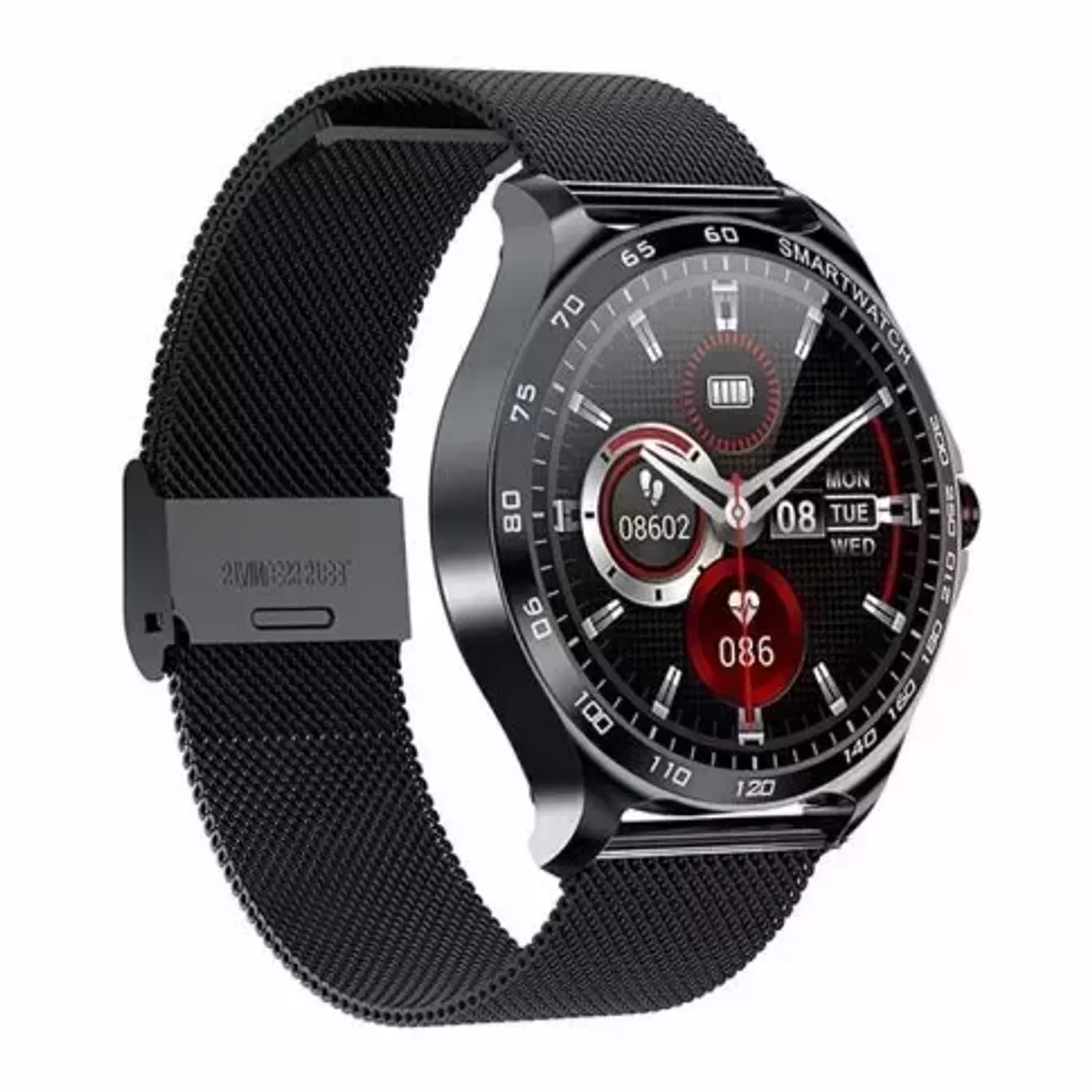 Smartwatch Garett Sport Factory RT stalowy na czarnej bransolecie typu mesch (1).webp